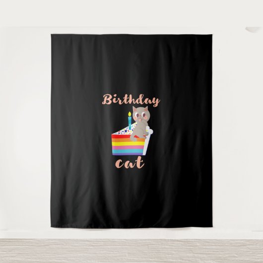 Tenture Chat d'anniversaire - chat gris kawaii d'anniversa (Devant)