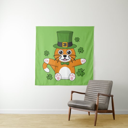 Tenture Chat de la Saint Patrick avec dessin Shamrock (En situation)