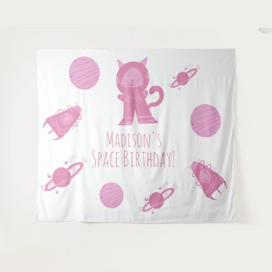 Tenture Chat de l'espace Rose Galaxie Anniversaire (Devant (Horizontal))