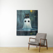 Tenture Chat d'Halloween et fantôme dans la piscine (En situation)