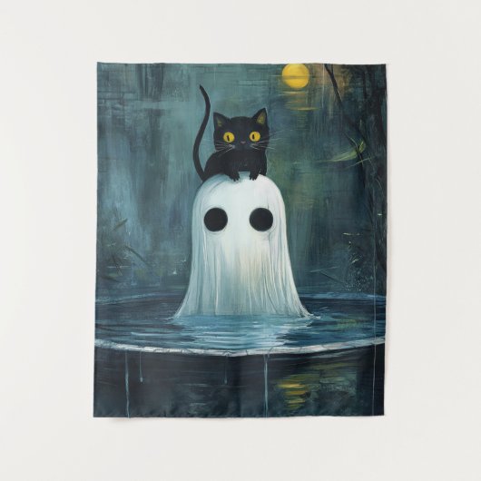 Tenture Chat d'Halloween et fantôme dans la piscine (Devant)