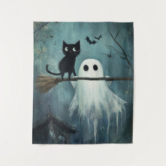 Tenture Chat d'Halloween et fantôme volent dans la chambre
