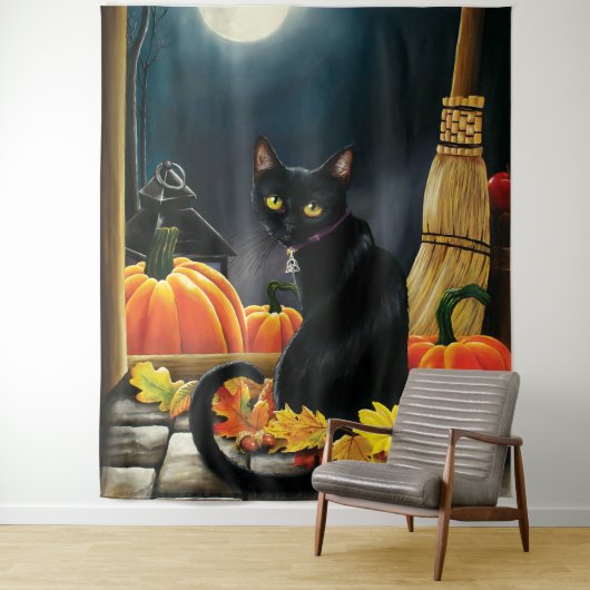Tenture Chat d'Halloween noir (En situation)