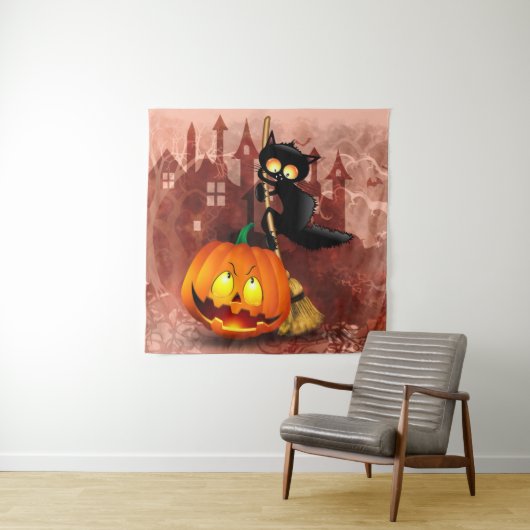 Tenture Chat effrayé par Citrouille Fun Halloween caractèr (En situation)