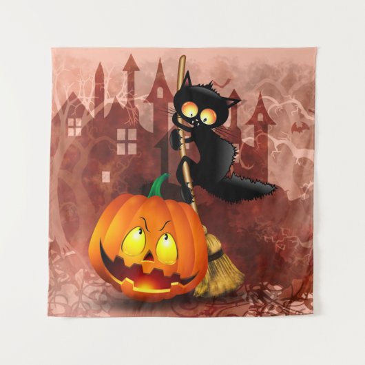 Tenture Chat effrayé par Citrouille Fun Halloween caractèr (Devant)