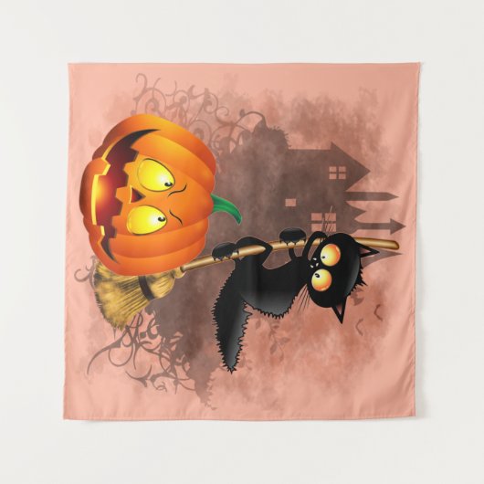 Tenture Chat effrayé par Citrouille Fun Halloween caractèr (Devant (Horizontal))