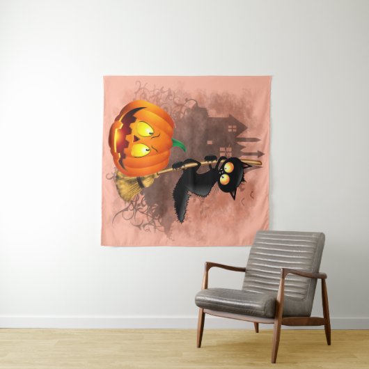 Tenture Chat effrayé par Citrouille Fun Halloween caractèr (En situation (horizontale))
