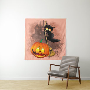 Tenture Chat effrayé par Citrouille Fun Halloween caractèr