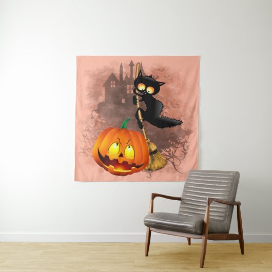 Tenture Chat effrayé par Citrouille Fun Halloween caractèr (En situation)