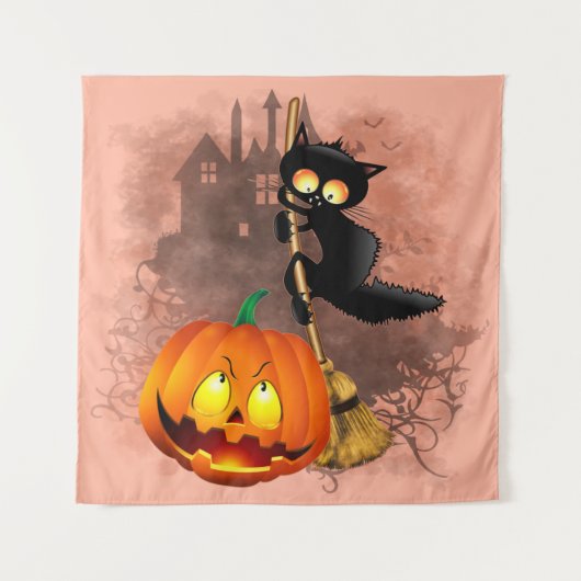 Tenture Chat effrayé par Citrouille Fun Halloween caractèr (Devant)