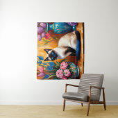 Tenture Chat et bouquets siamois dans Vases aquarelle (En situation)