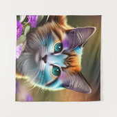 Tenture chat et fleurs bleu et rouille calico (Devant (Horizontal))