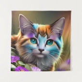 Tenture chat et fleurs bleu et rouille calico (Devant)