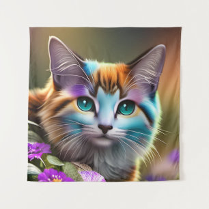 Tenture chat et fleurs bleu et rouille calico