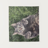 Tenture chat gris allongé dans l'herbe (Devant)