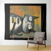 Tenture Chat gris avec du café sur fond ocre (En situation (horizontale))
