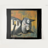 Tenture Chat gris avec du café sur fond ocre (Devant (Horizontal))