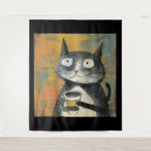 Tenture Chat gris avec du café sur fond ocre (Devant)