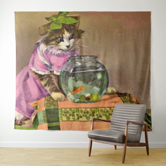 Tenture chat habillé et bol de poisson (En situation (horizontale))