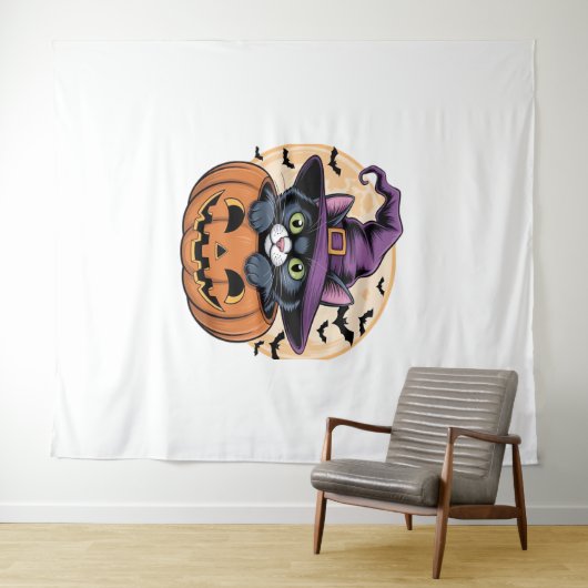 Tenture Chat Halloween Citrouille Chat noir T-shirt surdim (En situation (horizontale))