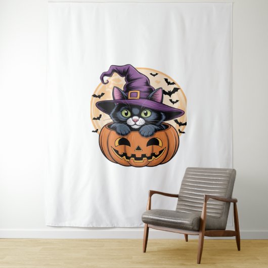 Tenture Chat Halloween Citrouille Chat noir T-shirt surdim (En situation)