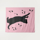 Tenture Chat jouant avec les notes musicales en silhouette (Devant (Horizontal))