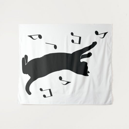 Tenture Chat jouant avec les notes musicales en silhouette (Devant (Horizontal))