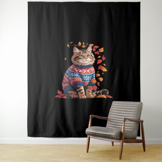 Tenture Chat Leaf Automne Bonjour Automne Funny Chat Kitte (En situation)
