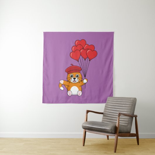 Tenture Chat mignon avec Ballons de Coeur Rouge (En situation)