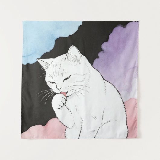 Tenture Chat nettoyant sa patte (Devant)