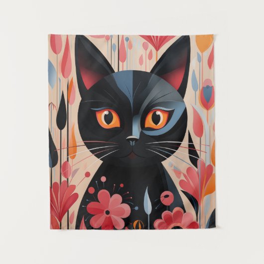Tenture Chat Noir Adorable Avec Fleurs Roses (Devant)