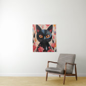 Tenture Chat Noir Adorable Avec Fleurs Roses (En situation)