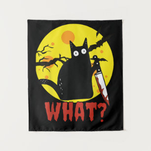 Tenture Chat noir avec couteau sanglant dire What_ Drôle M