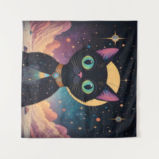 Tenture Chat noir cosmique futuriste atomique en clair de (Devant (Horizontal))