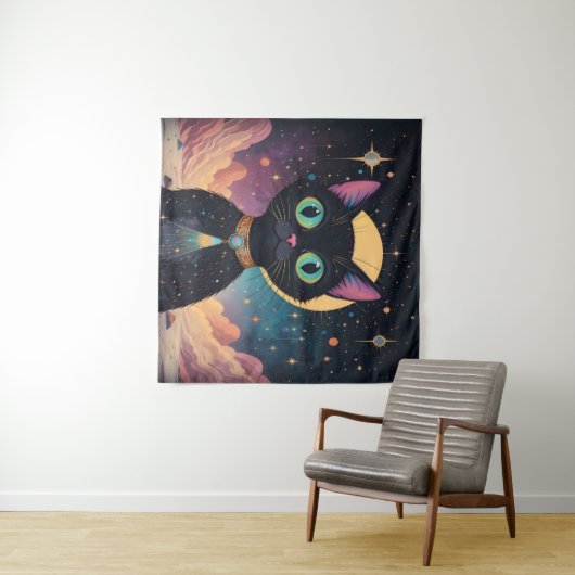 Tenture Chat noir cosmique futuriste atomique en clair de (En situation (horizontale))