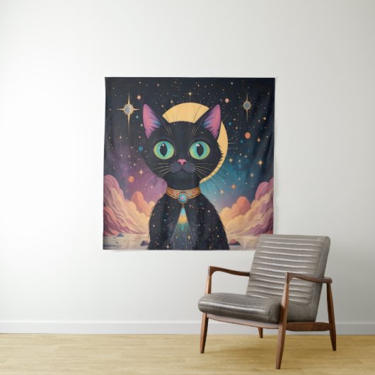 Tenture Chat noir cosmique futuriste atomique en clair de  (En situation)