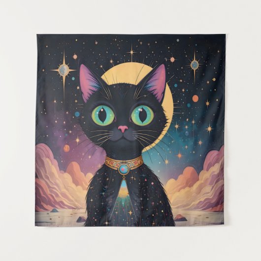 Tenture Chat noir cosmique futuriste atomique en clair de  (Devant)