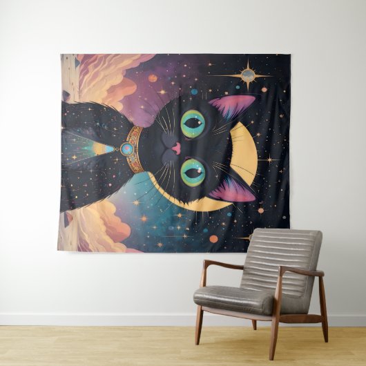 Tenture Chat noir cosmique futuriste atomique en clair de  (En situation (horizontale))