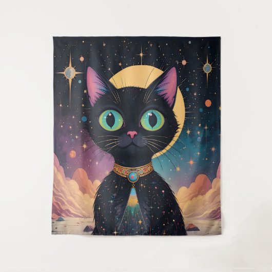 Tenture Chat noir cosmique futuriste atomique en clair de  (Devant)