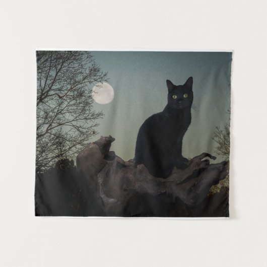 Tenture Chat noir dans un arbre devant une Pleine lune (Devant (Horizontal))