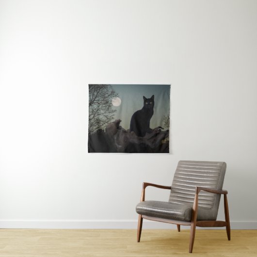 Tenture Chat noir dans un arbre devant une Pleine lune (En situation (horizontale))