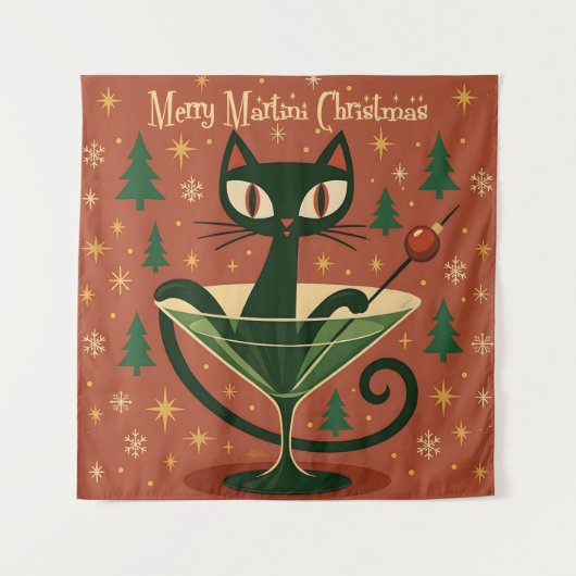 Tenture Chat Noir de Noël du Martini Joyeux Milieu de Sièc (Devant)