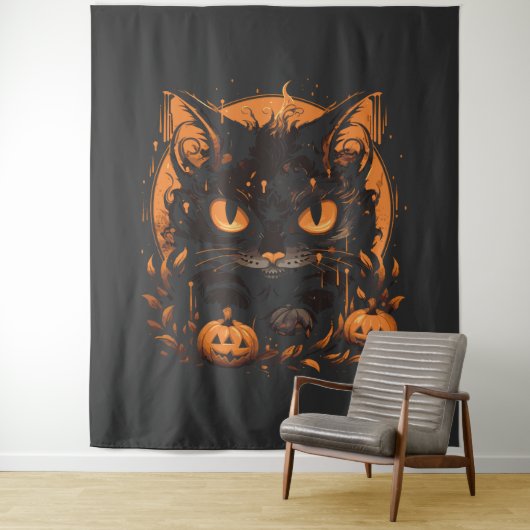 Tenture Chat noir d'Halloween avec Citrouilles et lune (En situation)