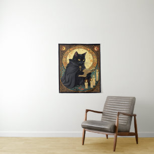 Tenture Chat noir d'Halloween lisant un livre