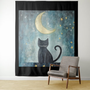 Tenture Chat noir endormi avec croissant de lune et étoile