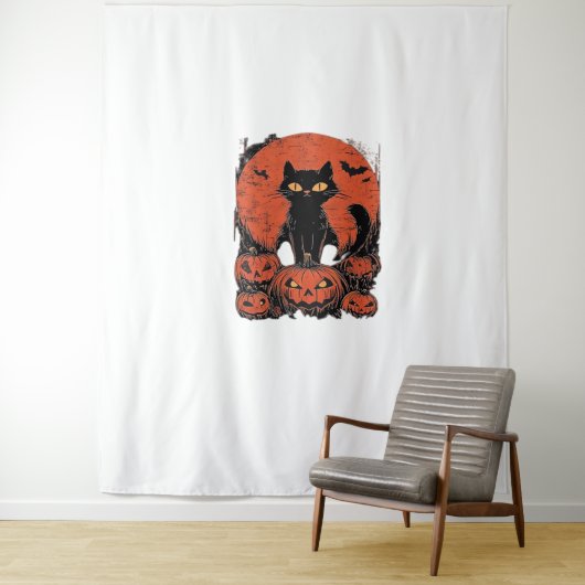 Tenture Chat noir et Citrouille - Halloween T-shirt Art Cl (En situation)