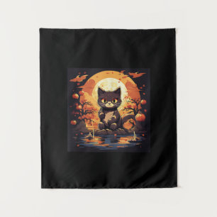 Tenture Chat noir et Citrouilles en Sakura Grande vague