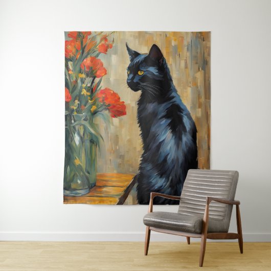 Tenture Chat noir et fleurs (En situation)