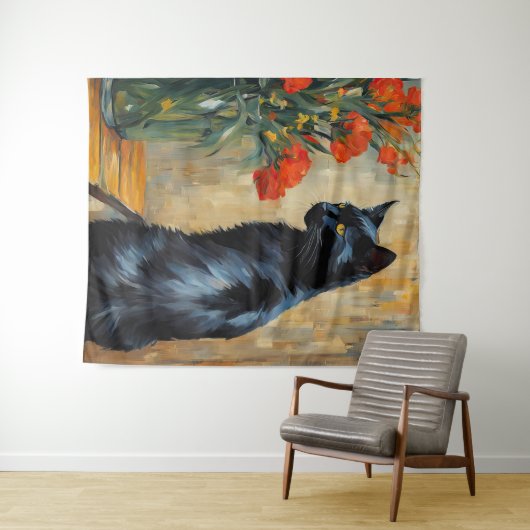 Tenture Chat noir et fleurs (En situation (horizontale))