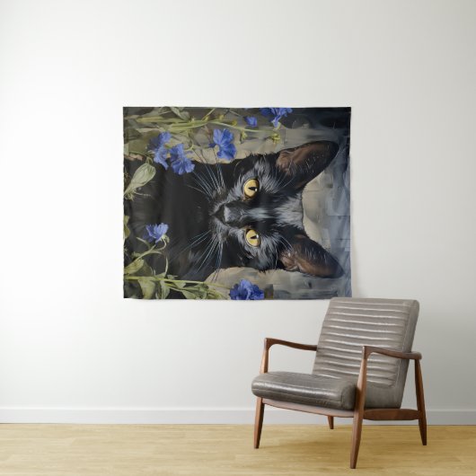 Tenture Chat noir et fleurs (En situation (horizontale))